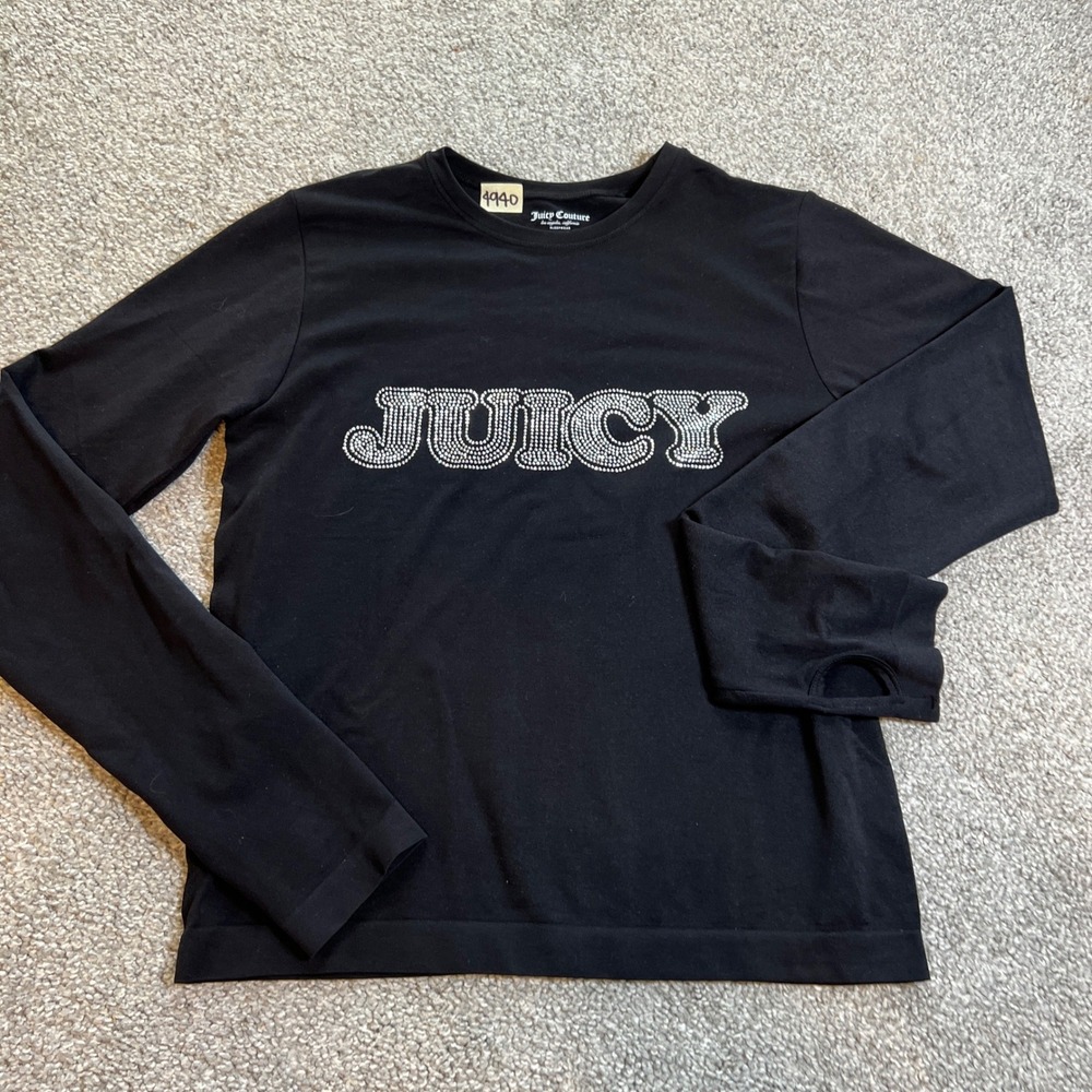 Juicy Couture long sleeve shirt Womens Large Black Rhinestone spell out‎ Y2K